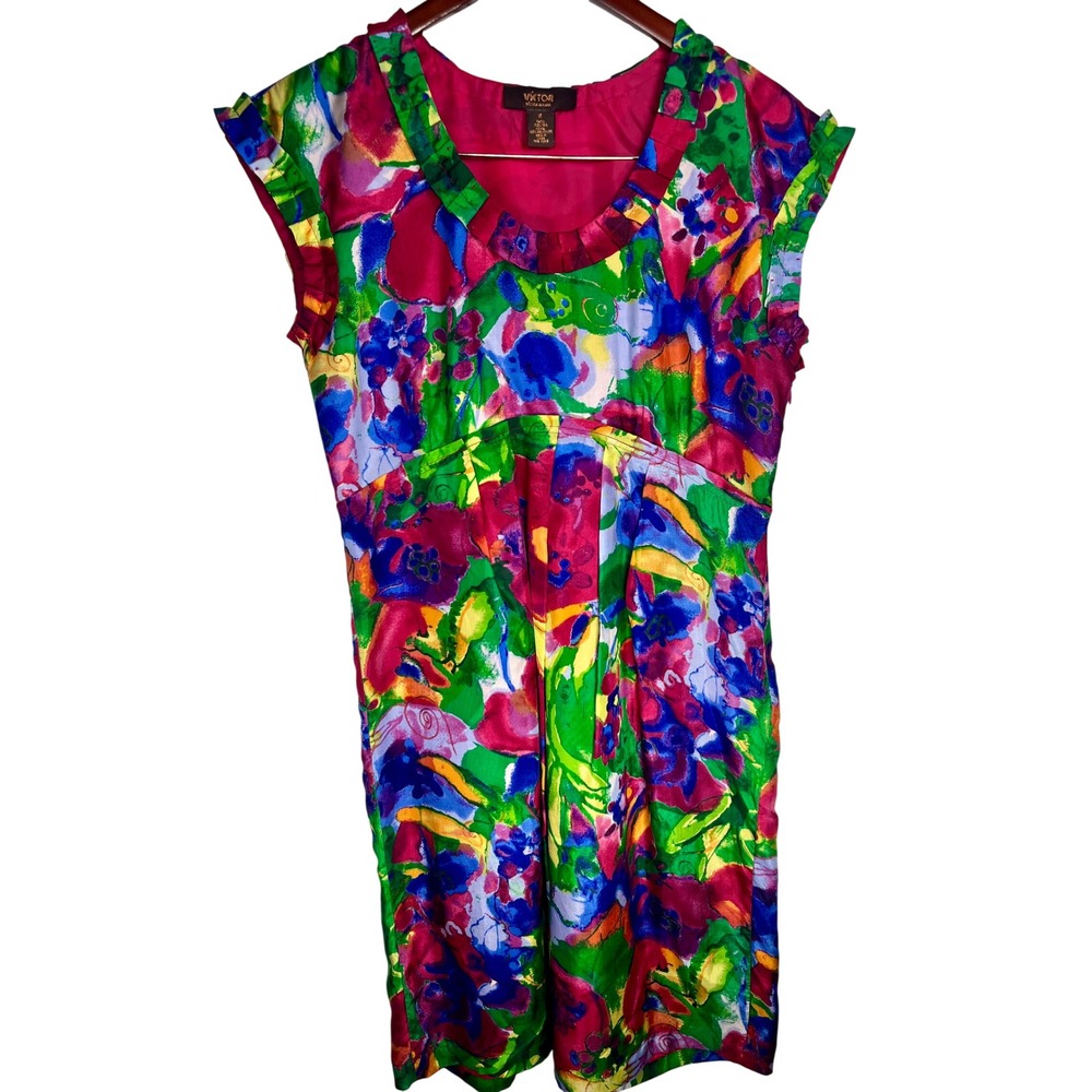 Victor Alfaro Dress Womens 6 Multicolor Silk‎ Abstract Floral Ruffle Trim